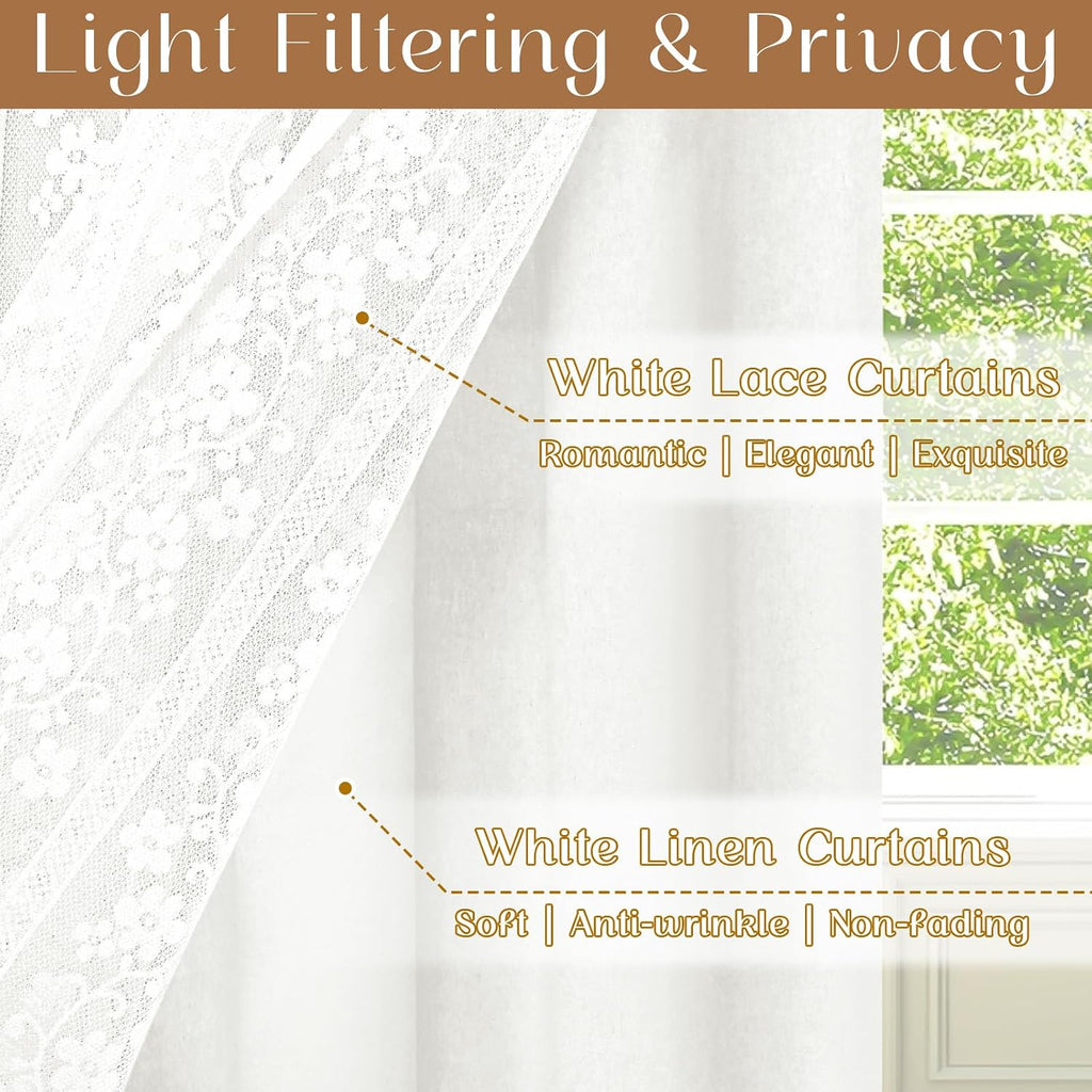 Linen Valances for Windows Farmhouse, Double Layers Kitchen Curtains with Linen and Lace, Rustic Valance Curtains for