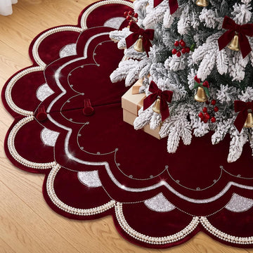 72 Inch Burgundy Velvet Christmas Tree Skirt, Luxury Sequin & Pearl Trim