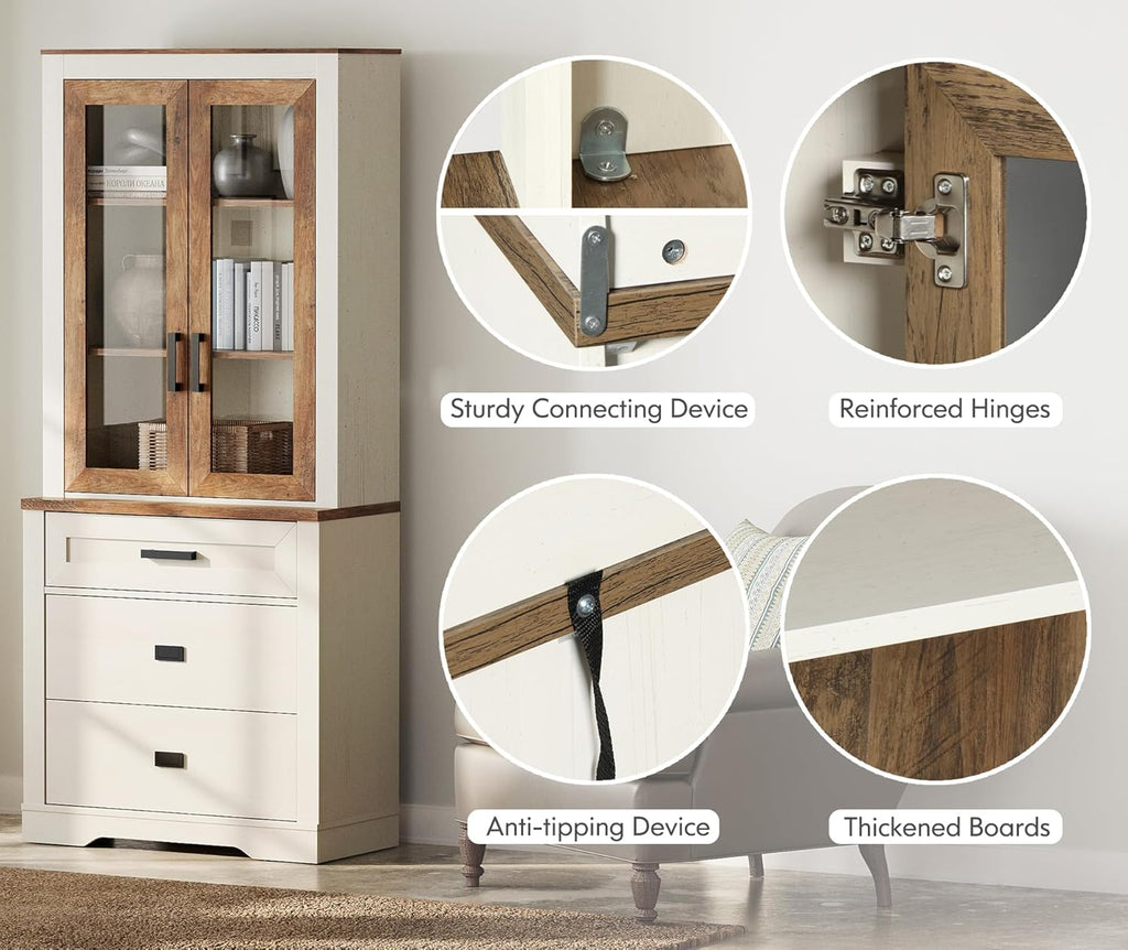 73.3" H Farmhouse-Style Bookcase w/Tempered Glass Doors&File Drawers | Large Capacity,File Drawers,Adjustable