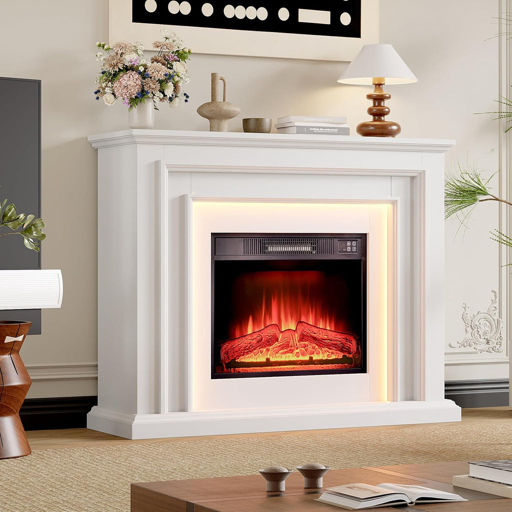 44" LED Lights Electric Fireplace with Mantel, Freestanding Entertainment Center Tv Stand with Fire Place Insert for