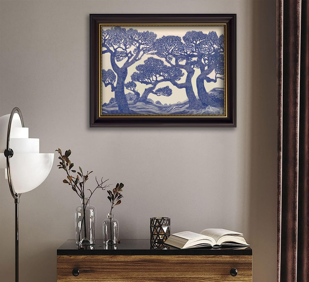 Vintage Gold Framed Wall Art Oak Tree Forest Painting Canvas Prints Blue Woodland Nature Landscape Picture Moody