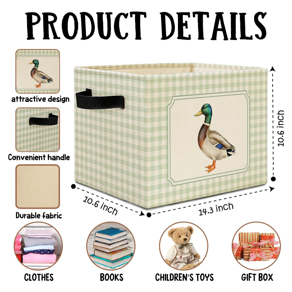 Mallard Duck Sage Green Checkered Storage Bins Box with Handles, Cottagecore Mallard Duck Plaid Laundry Basket Hamper