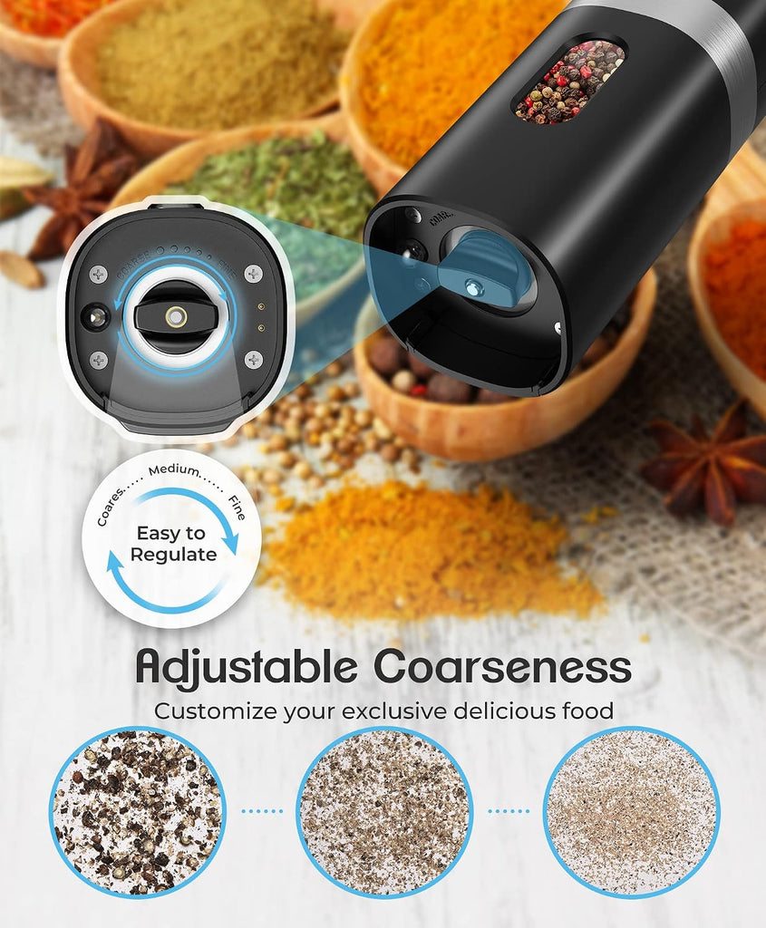 Electric Salt and Pepper Grinder Set, Charging Base, Adjustable Coarseness - Set of 2