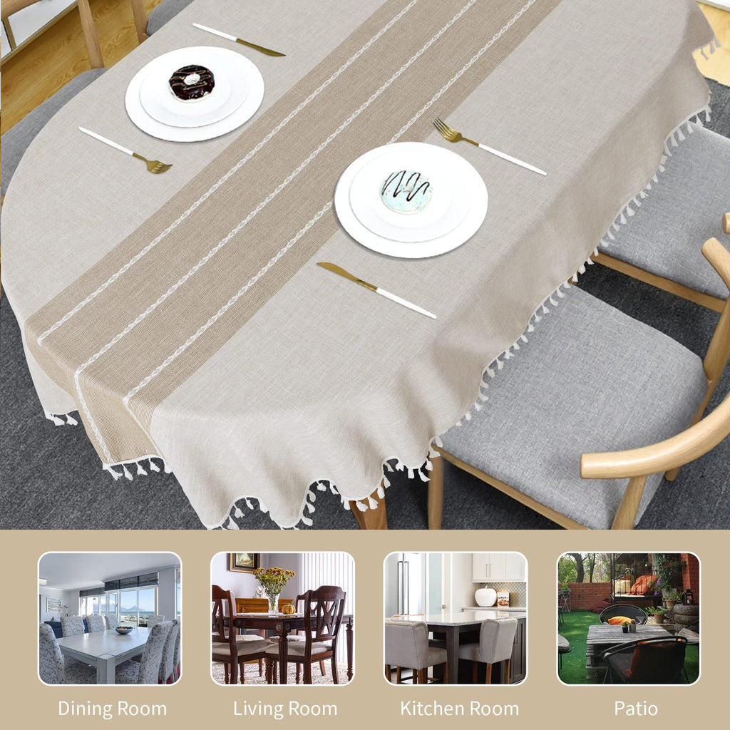 Solid Embroidery Oval Tablecloth with Tassels for Oval Table, 60 x 84 Inch Lace Dust-Proof Table Cover Dinning