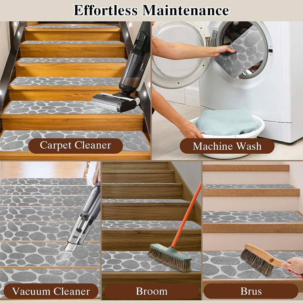 Self Adhesive Residue Free Machine Washable Reusable Stair Treads Non Slip Steps - 100% Polyester Heavyduty TPE