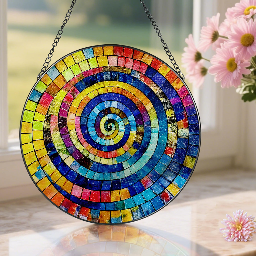 Stained Glass Window Hanging, 8 Inch Rainbow Spiral Stained Glass Suncatcher, Window Decor, Gifts for Art Lovers