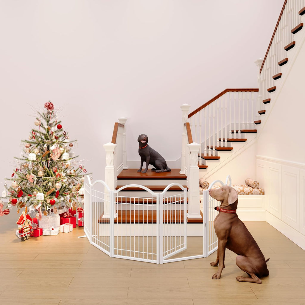 Metal No-Assembly Freestanding Dog Gate with Door Walk Through, Extra Wide 144", Extra Tall 32" Pet Gate, Accordion