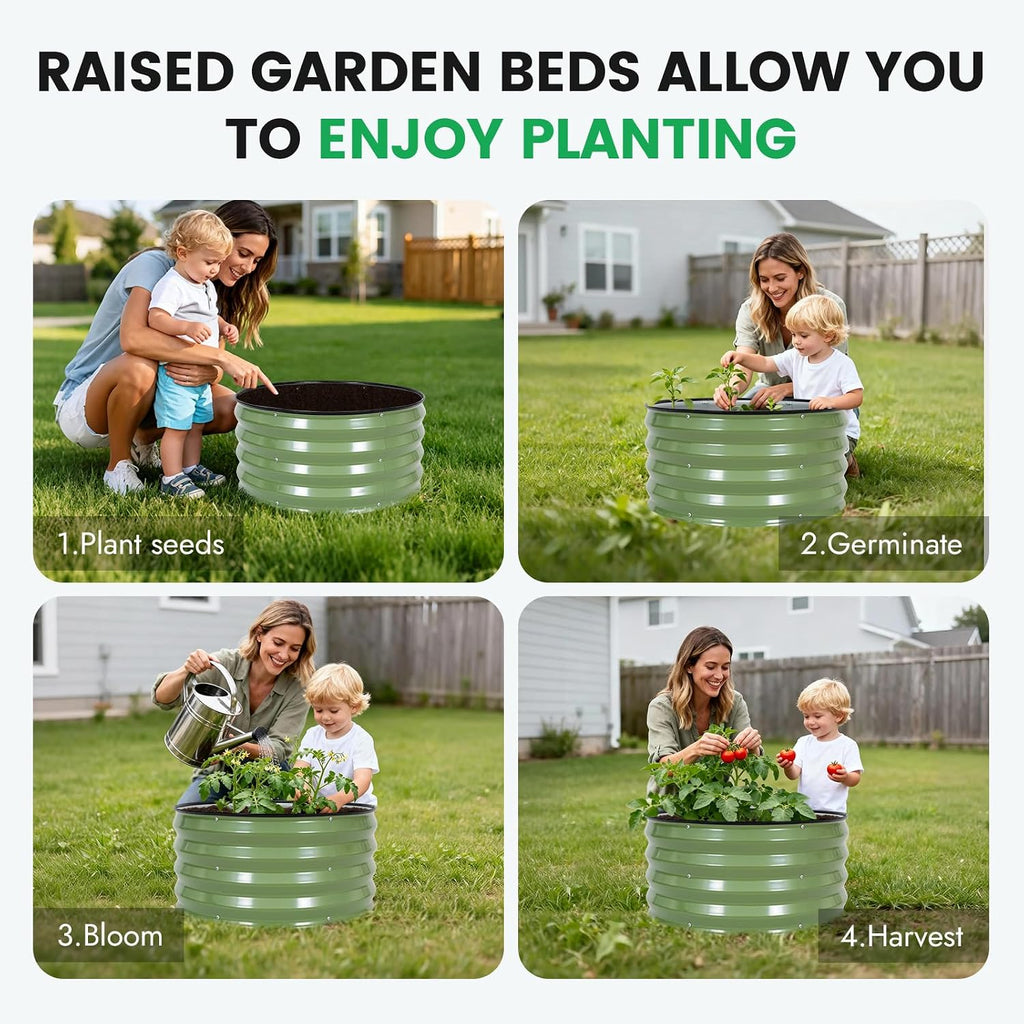 3 Pcs Round Galvanized Raised Garden Beds, 2x2x1ft Olive Green | Metal Planter Bed Outdoor, Raised Beds Kit for
