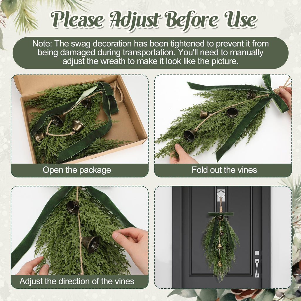 2 Pack Christmas Cedar Teardrop Swag Velvet Bow Bells, Green