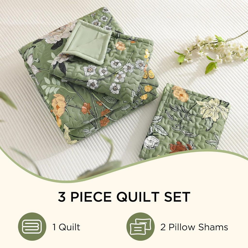 Floral Green Quilt California King - 3 Pieces Cal King Sage Botanical Birds Pattern Quilt Bedding, Spring Lightweight
