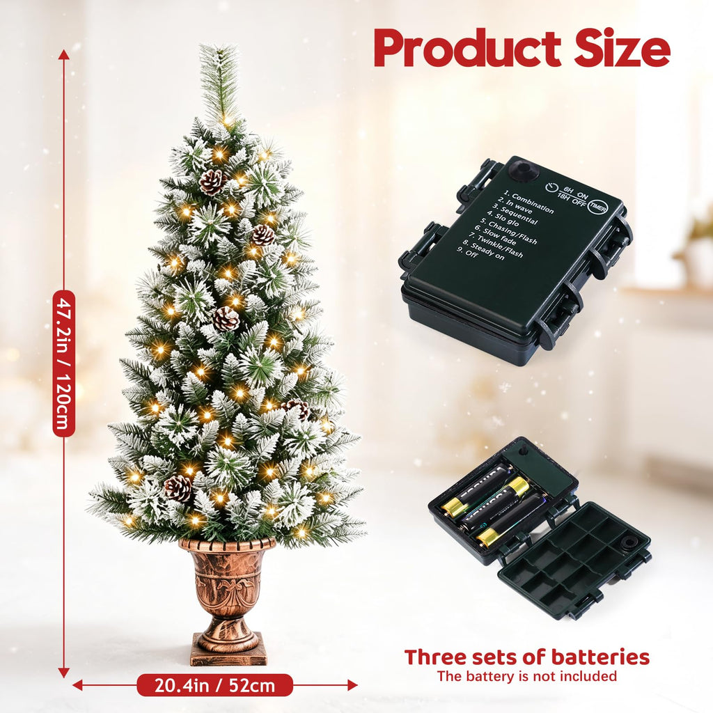 4ft Christmas Tree Pre-Lit Artificial Mini Trees with Gold Pot Base, Flocked Snow Warm White Lights Pine Cones, for