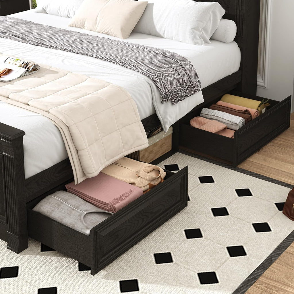 Farmhouse Queen Bed Frame with 55" Tall Storage Headboard & 4 Drawers, Wood Roman Column Platform Bed Frame with 24"