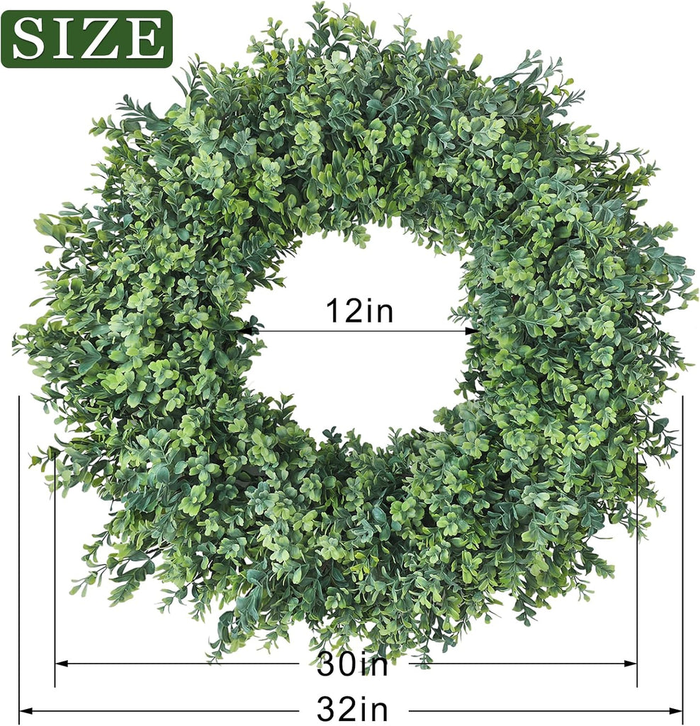 32" Artificial Boxwood Wreath Fake Plant for Front Door Decor (Green)