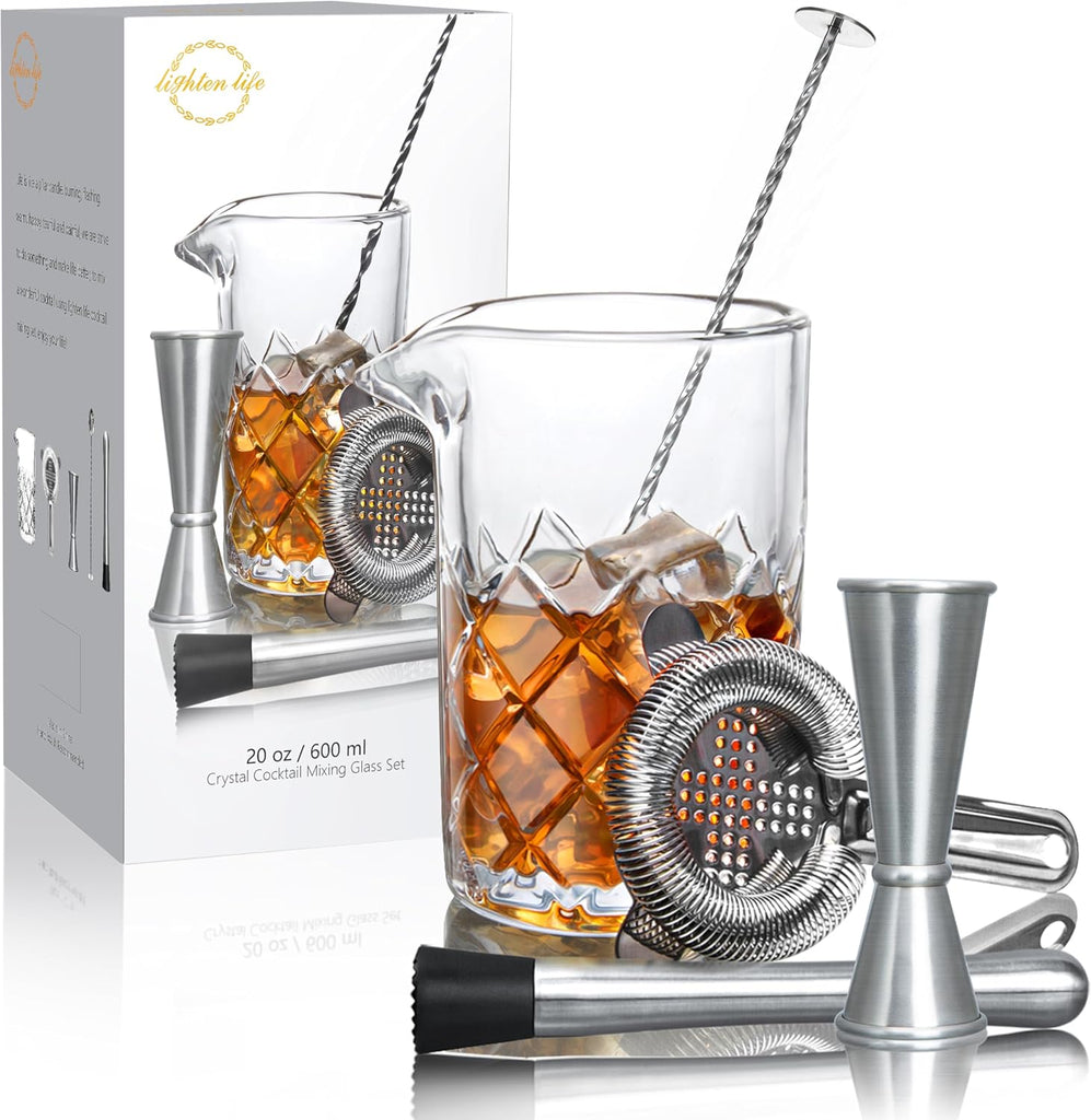 Cocktail Mixing Glass Set,Bar Mixing Set with 20oz Crystal Thick Bottom Glass,Spoon, Jigger,Strainer and Muddle,5 - Set of 5