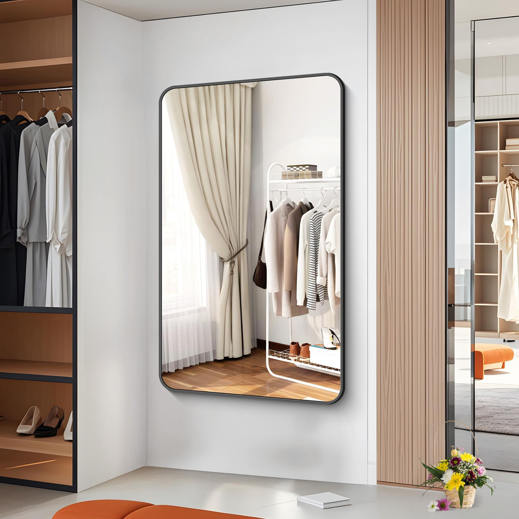 60x36 inch Large Bathroom Mirror,Black Rectangle Mirror,Wall Mounted Bathroom Frame Vanity Mirror with Round Corner