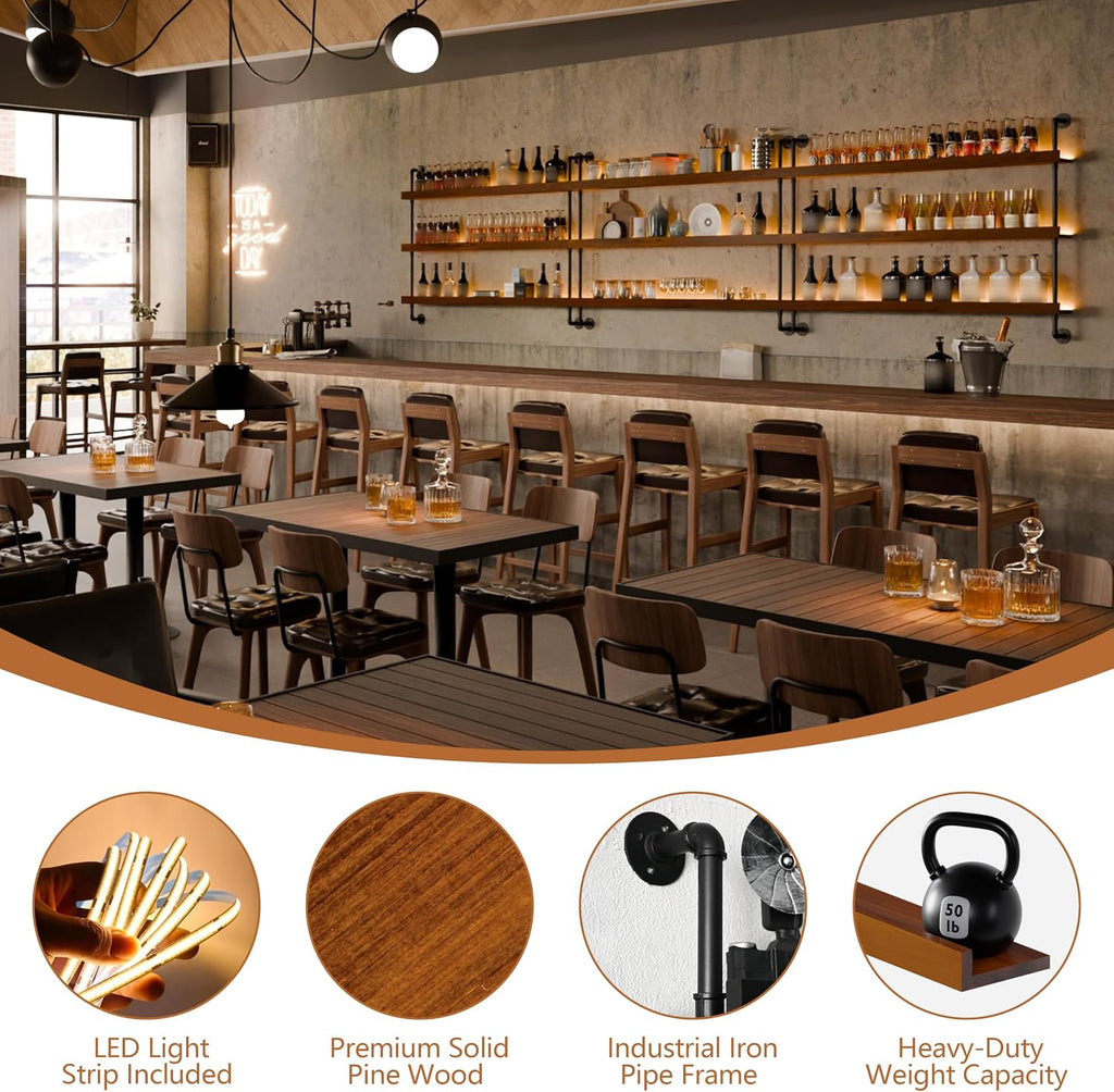 Bar Shelves, Wall Mounted Wine Rack, Walnut Brown, 60 Inch | 3 Tier, Industrial, Solid pine shelves, black pipe