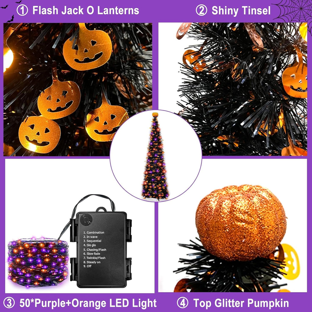 5Ft Black Tinsel Halloween Tree with Lights Halloween Decorations