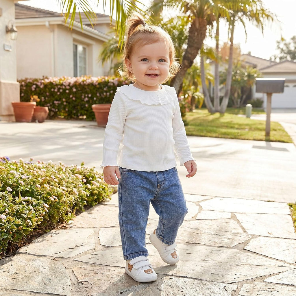 Baby Girl Fall Clothes Toddler Outfit Ruffle Ribbed Long Sleeve Shirt and Jeans Denim Pants Set 2 Piece Clothing