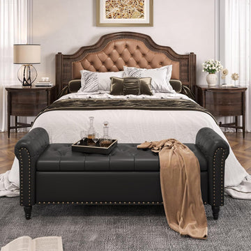 65 Inch Bedroom Bench, End of Bed Bench with Storage, Black | Bed Benches for Foot of Bed, Faux Leather Window Bench