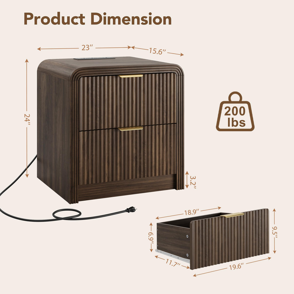 23'' Wide Fluted Nightstand with Charging Station, Walnut