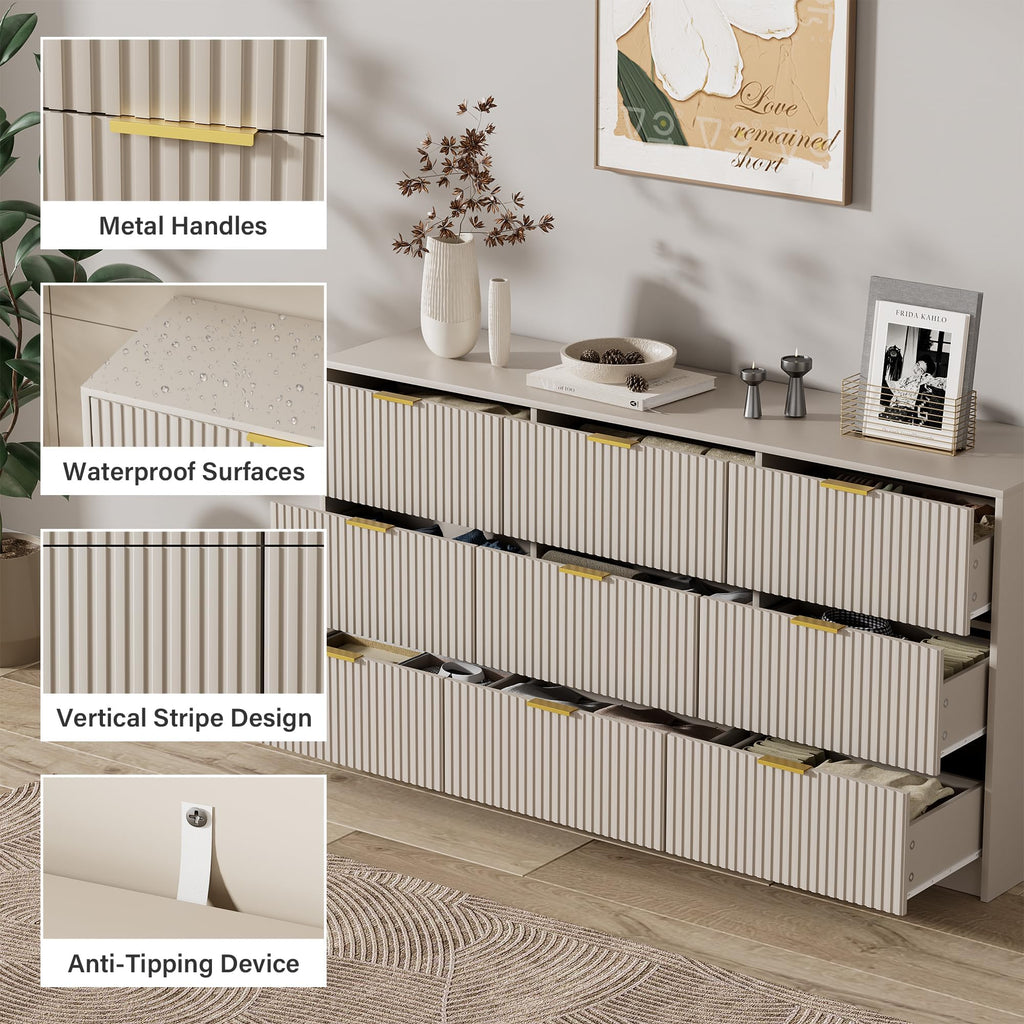 Beige 9 Drawer Dresser, 63" Wide Fluted Wood Dresser