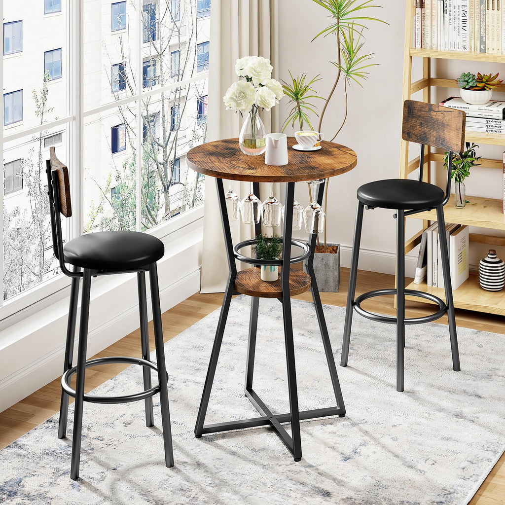 Round Bar Table, 2-Tier Counter Height Pub Table with Wine Glass Holder, Industrial Cocktail Table, for Small Space
