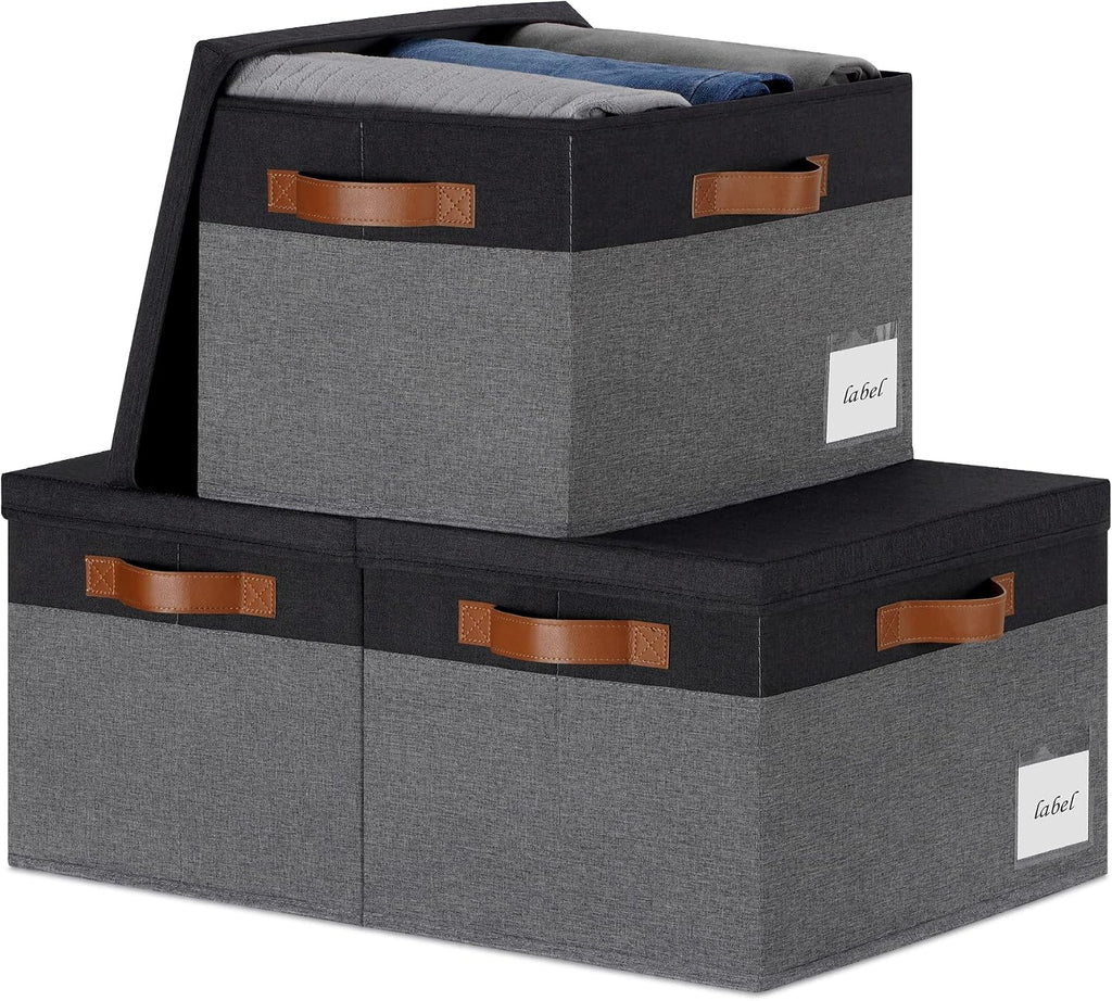 Large Storage Bins with Lids, Foldable Fabric Storage Baskets with Lids, Sturdy Storage Boxes with Labels and 3 PU