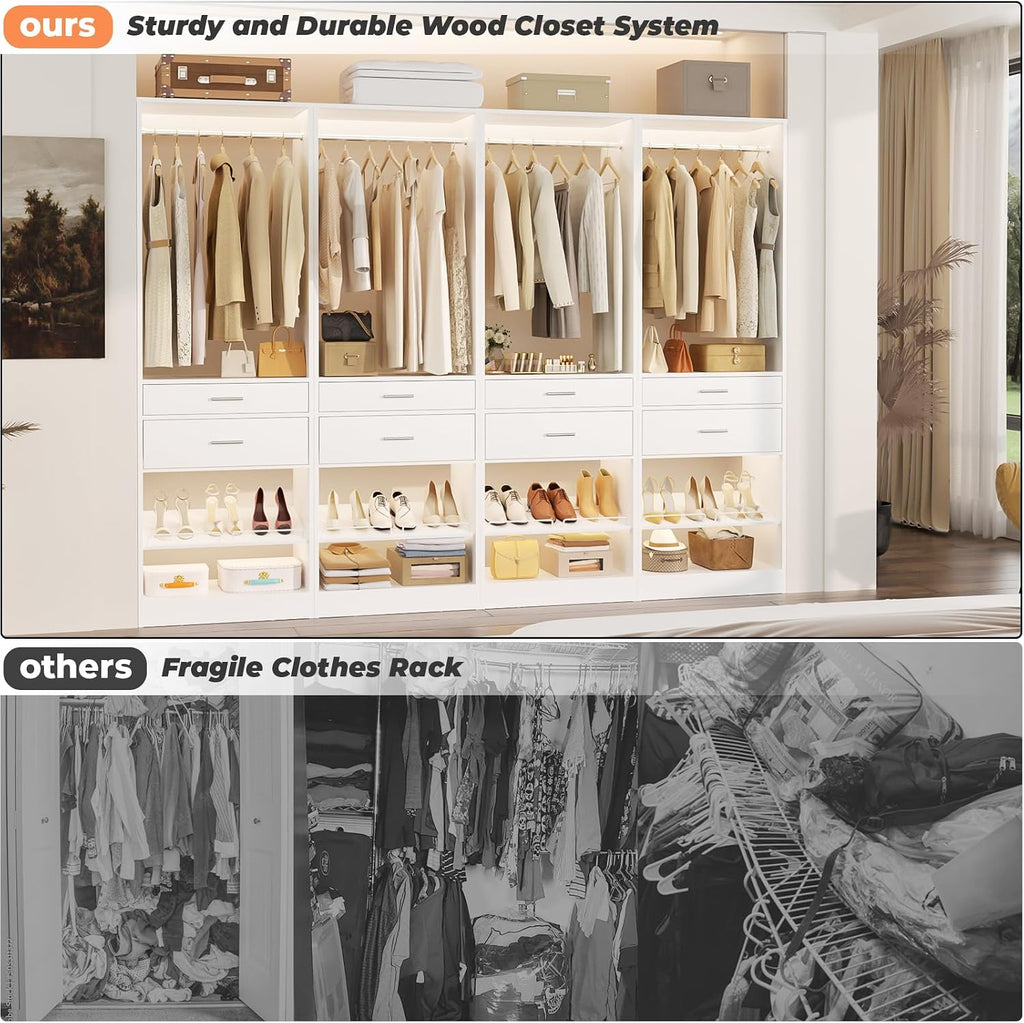 Closet System, 8.3FT Closet Organizer with 8 Wooden Drawers, 4 Hanging Rods, Adjustable Shoe Rack, Easy Assembly