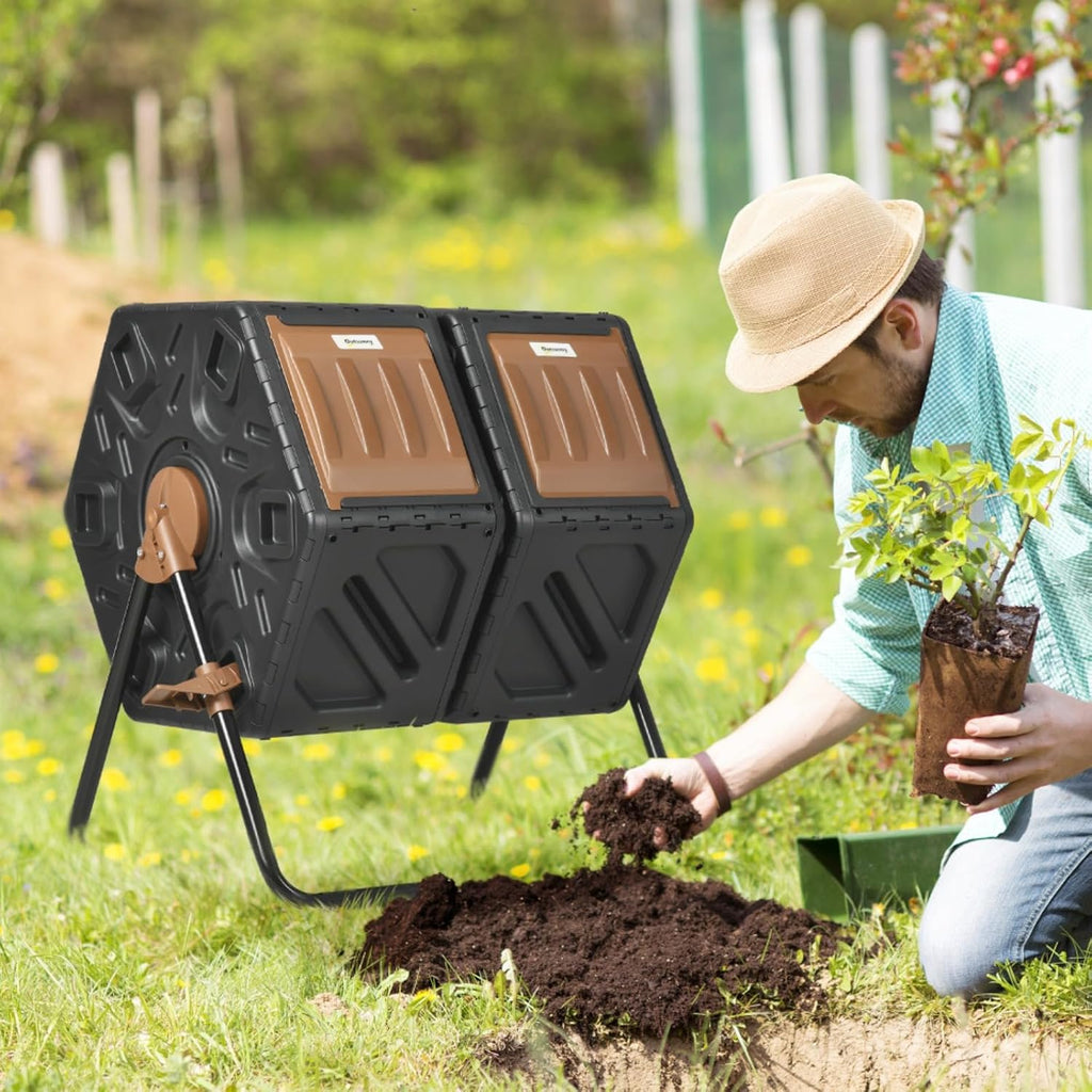 Outdoor Dual Chamber Compost Tumbler Bin with Steel Frame and 4 Ventilation Openings for Garden, Park, Kitchen