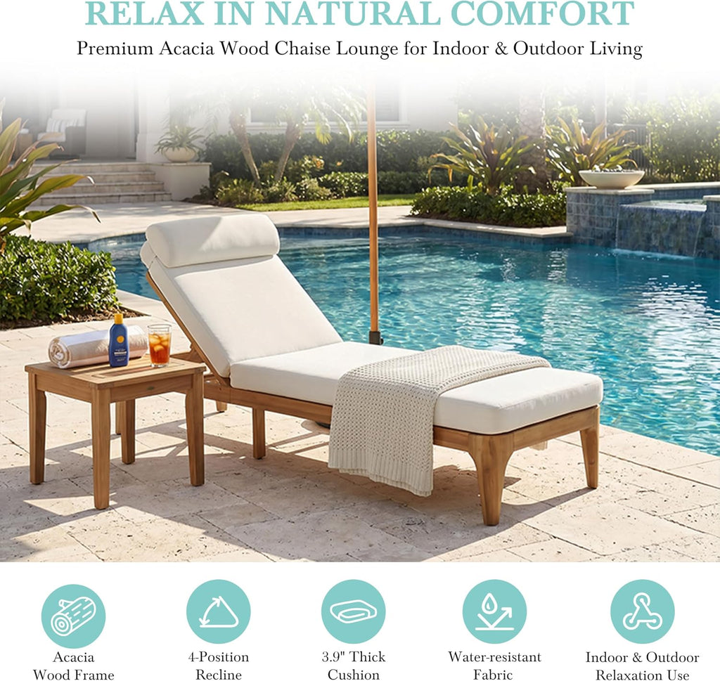 Acacia Wood Outdoor Chaise Lounge Chairs Set of 2 with Cushions, 4-Position Adjustable Patio Recliners with Head