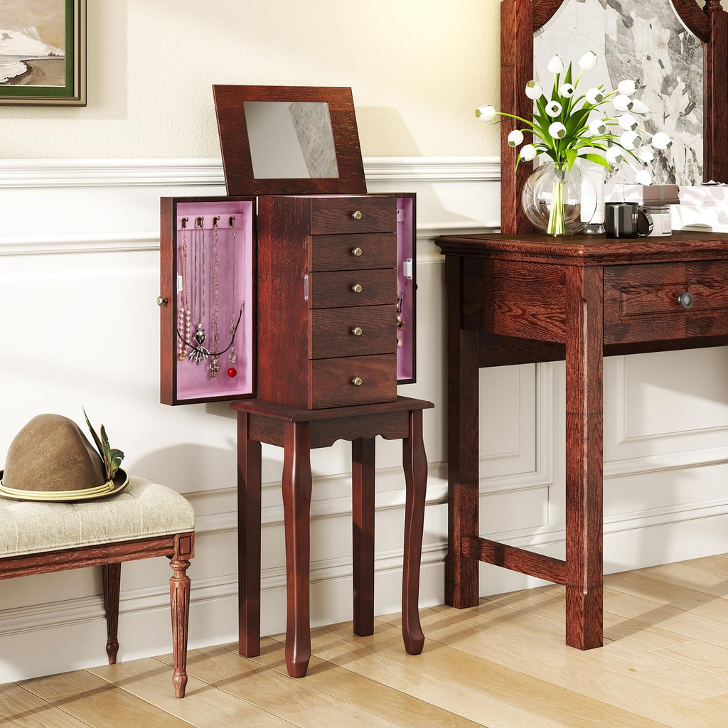 Standing Jewelry Armoire Cabinet with 4 Drawers, Flip Top Mirror, Top Storage Compartments, 2 Side Doors with 8