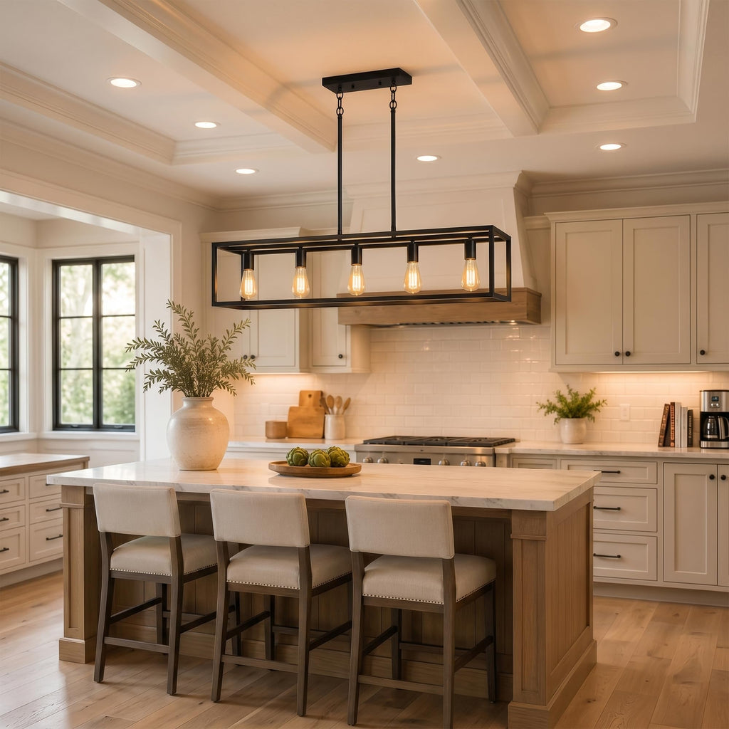 Black Farmhouse Kitchen Island Lighting, Modern Industrial Chandelier, 5-Light Linear Rectangular Pendant Light
