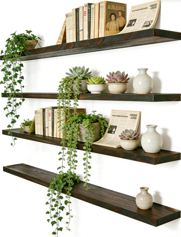 36 Inch Rustic Wood Floating Shelves Farmhouse Wooden Wall Shelves Bedroom Living Room Kitchen Office Set of 4 Brown