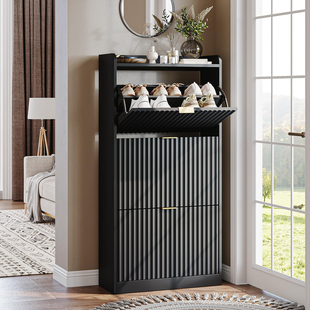 Black Fluted Slim Shoe Cabinet Storage with 3 Flip Drawers