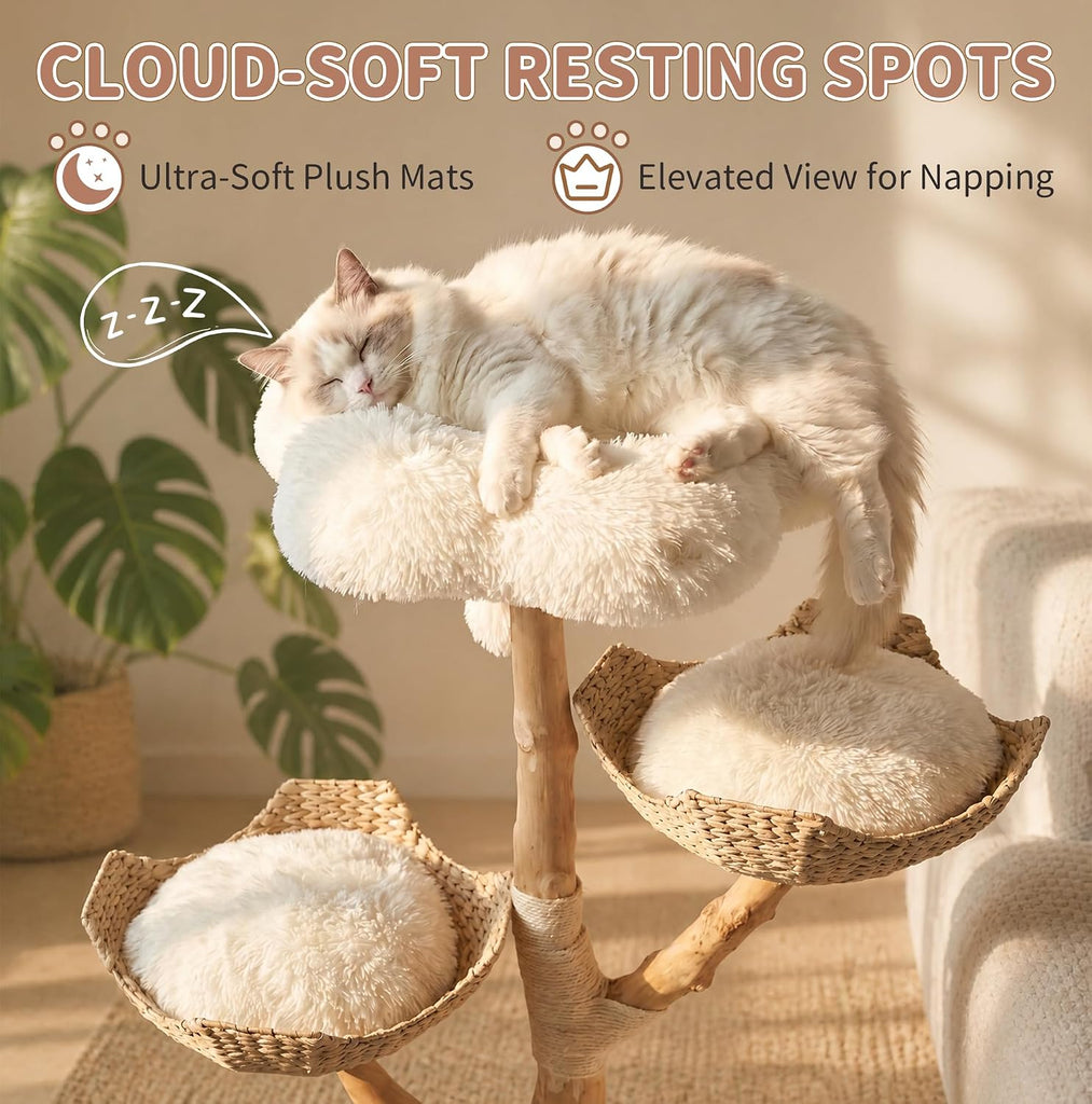 44.5-Inch Natural Wood Cat Tree with 2 Handwoven Baskets