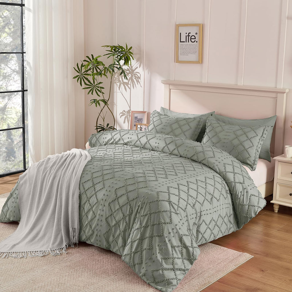 5PCS Light Grey Boho Tufted Duvet Cover King Size, Zipper & Ties