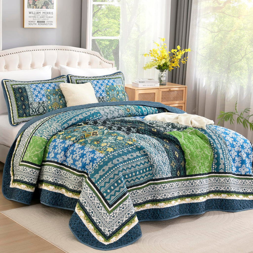 Boho Quilt, 3 Pieces Teal Patchwork Quilt Soft Coverlet Reversible Lightweight Farmhouse Quilts with 2 Pillow
