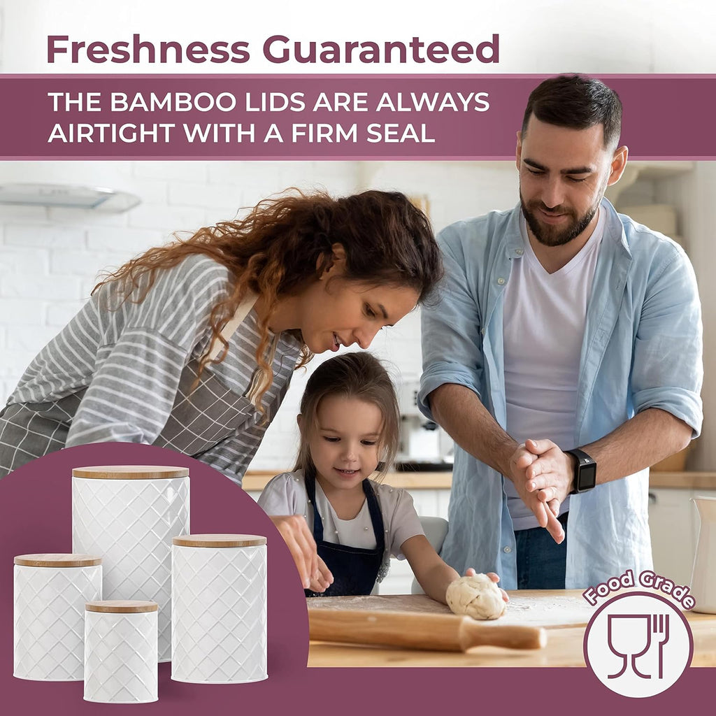 White Metal Canister Set for the Kitchen Counter, Food Canister, Airtight Lids, Sugar and Flour Containers - Set of 4