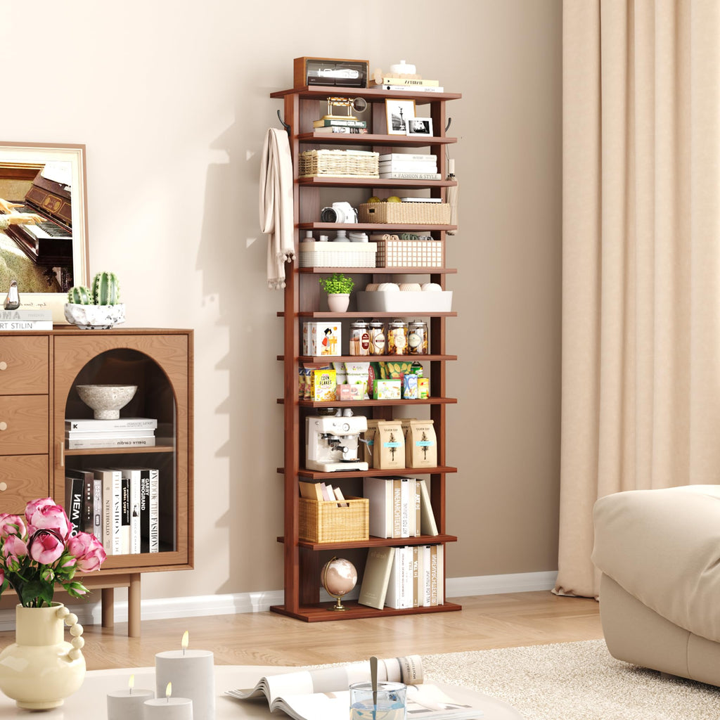 10-Tier Corner Shoe Tower - Double Rows, Slim Shoe Stand for 20 Pairs - Entryway, Hallway, Closet (Walnut)