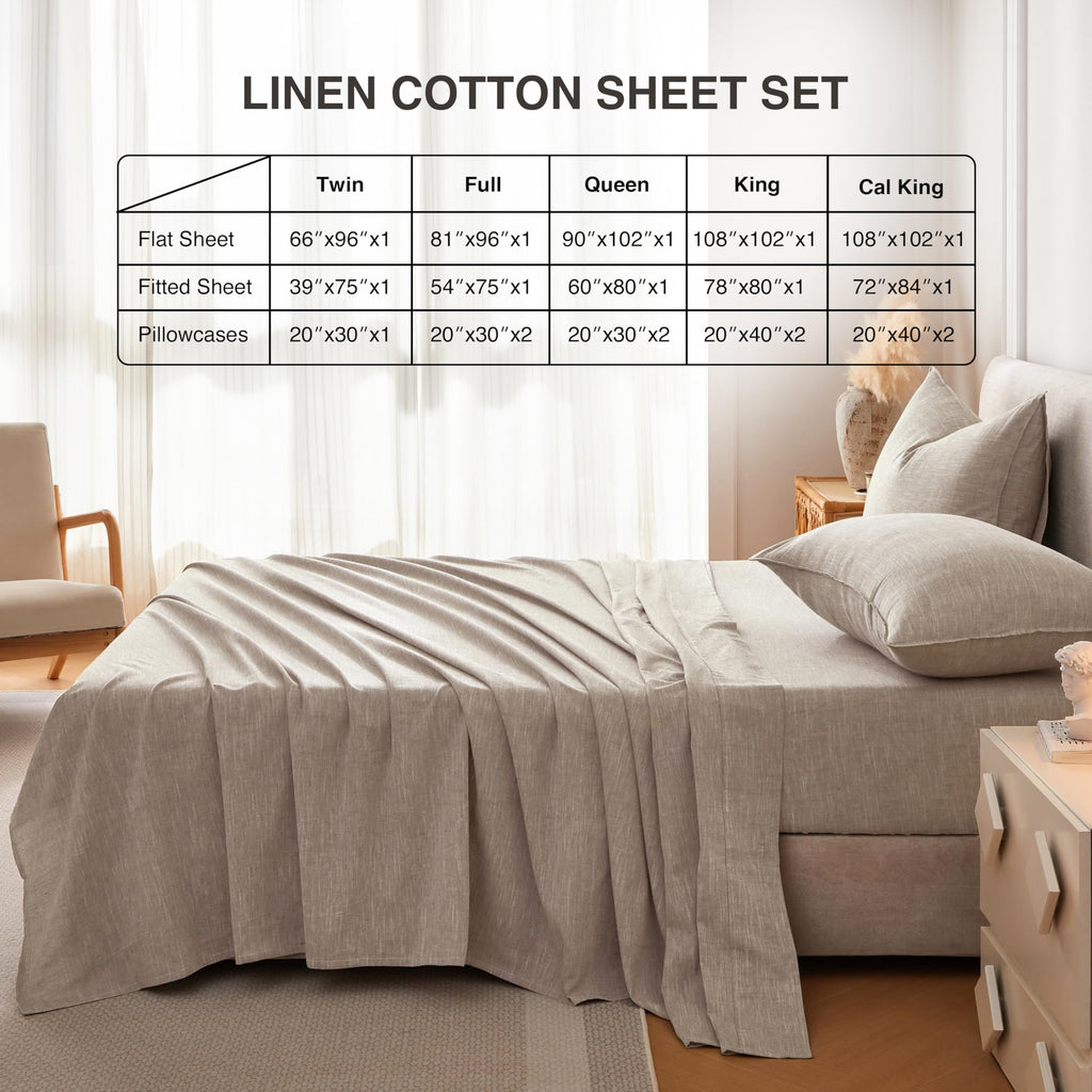 Linen Sheets King Size, Stonewashed Linen Cotton Blend Sheets with Slub Texture, Breathable & Soft Cotton Bedsheets