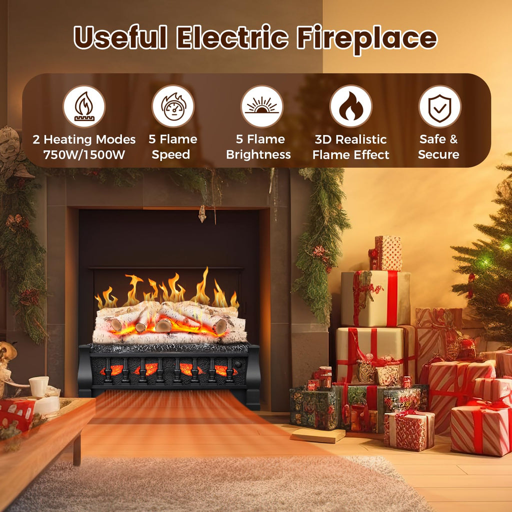 Electric Fireplace Insert Log Heater 21 Inches, 5 Flame Brightness, Multiple Flicker Speed, 750w/1500w Heating
