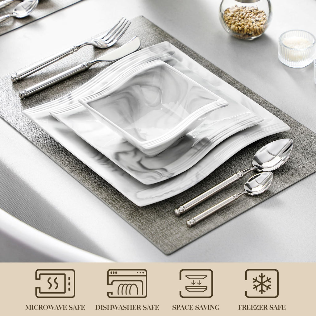 Plates and Bowls Set, 12-Piece Modern Porcelain Dinnerware for 4, Marble Square Ceramic Dish Set, Microwave and