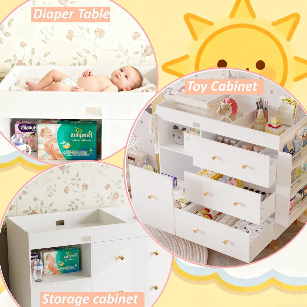 Wooden Baby Changing Table Dresser, Diaper Changing Table with Large Tabletop, 4 Drawers, Open Storage Space & Side