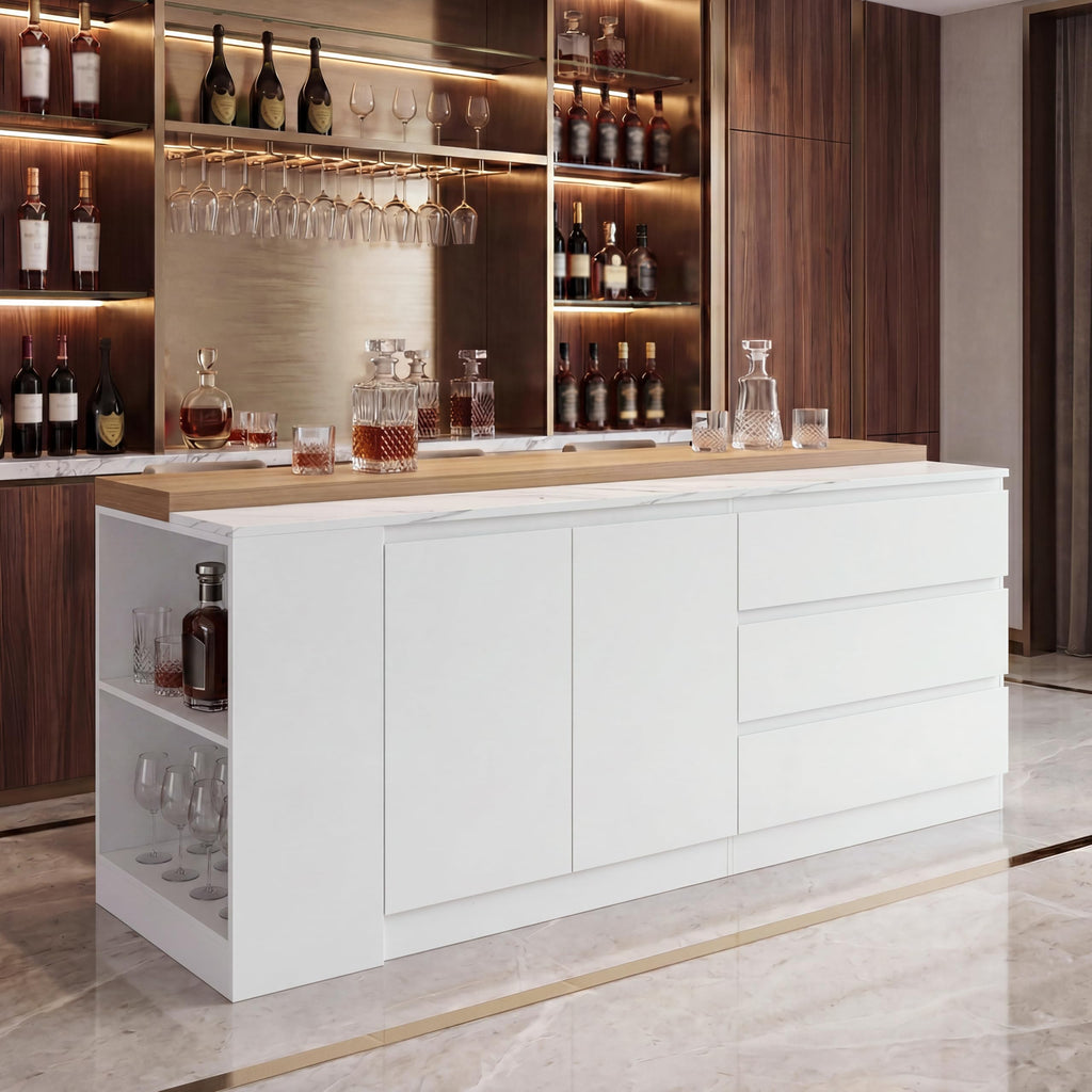 82.7" Large Bar Table Kitchen Station, Home Bar Unit with Lighting, 3 Drawers & 4 Shelves, Bar Cabinets Reception