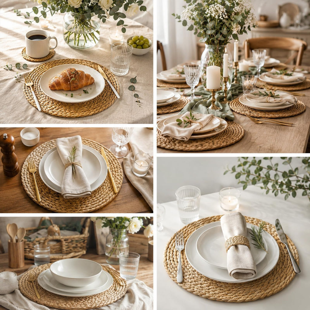 Set of 12 Round Woven Placemats, 13 Inch Rattan Chargers for Dinner Plates, Wicker Placemats, Boho Farmhouse Rustic