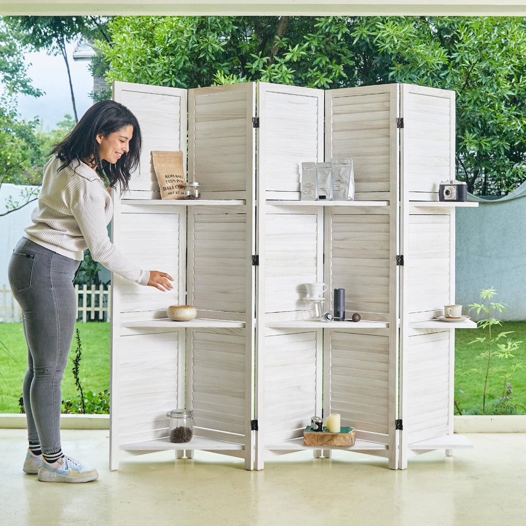 Partition Room Dividers, Folding Wood Privacy Screen with Three Display Shelves Suitable, Study, Art Display - 5