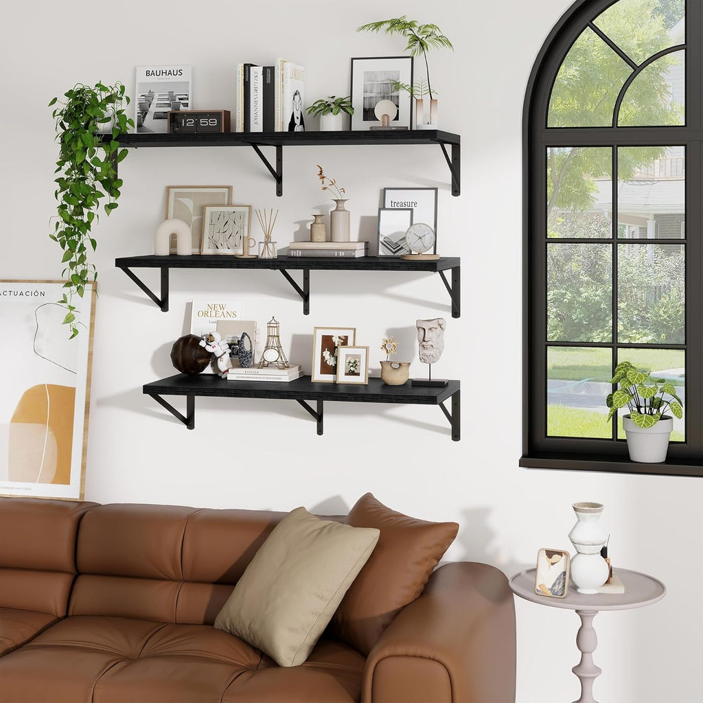 Deep Wall Shelves 24"W x 8"D Engineered Wood Floating Shelves for Wall, Sturdy Metal Bracket Bookshelves Home Decor