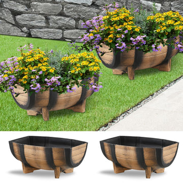 YI 2 Pack Rustic Half Barrel Planters, 16.34x11.81x7.28 Inches Plastic Weather Resistant Plant Flower Pot Indoor &