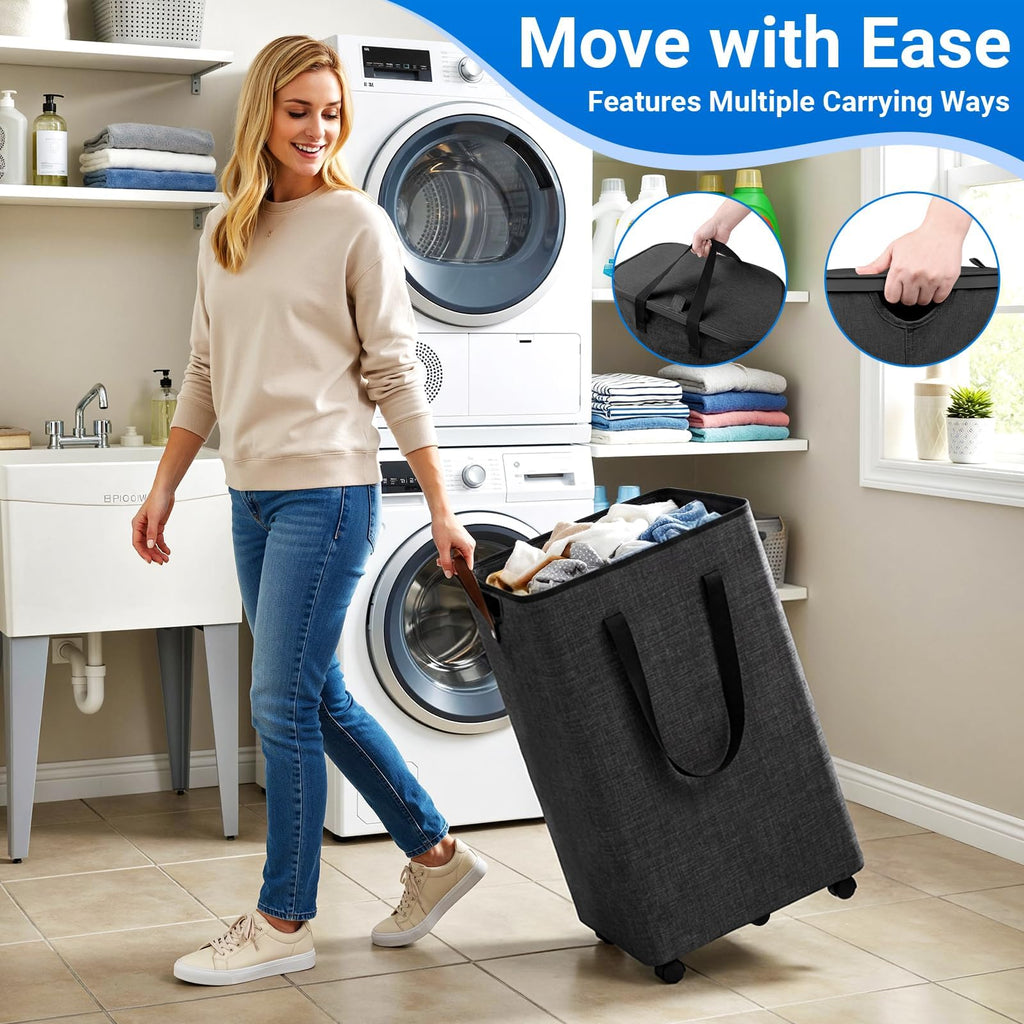 Basket with 5 Wheels, Rolling Laundry Hamper, 75L, Deep Gray