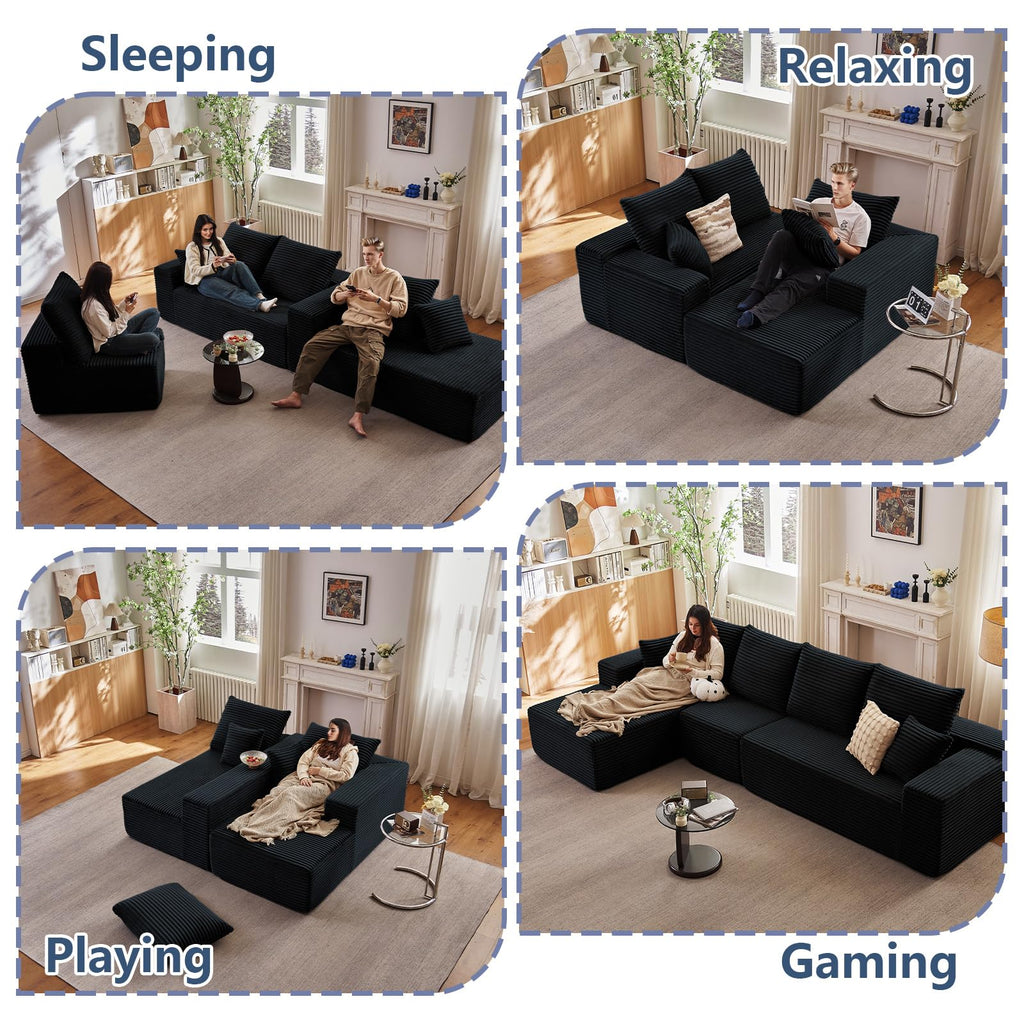 135.4" Cloud Sectional Couch with L-Shape Chaise, Modern Corduroy Boneless Couch, Memory Foam Sofa with Deep Seat, No